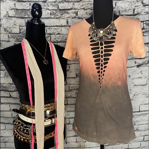 S “small” Affliction pink woven distressed tee. - Picture 1 of 6